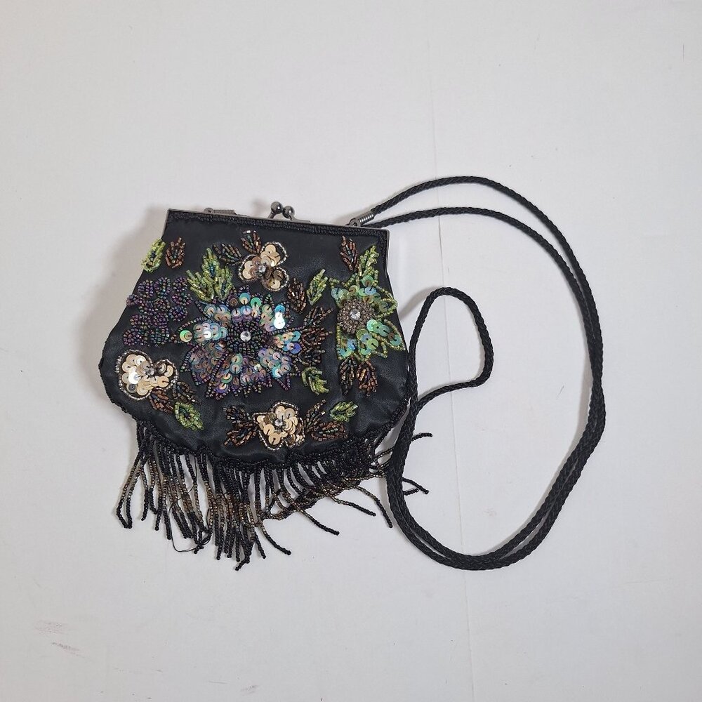 Vintage Black Satin Beaded Evening Bag With Floral Sequin Design & Fringe Detail